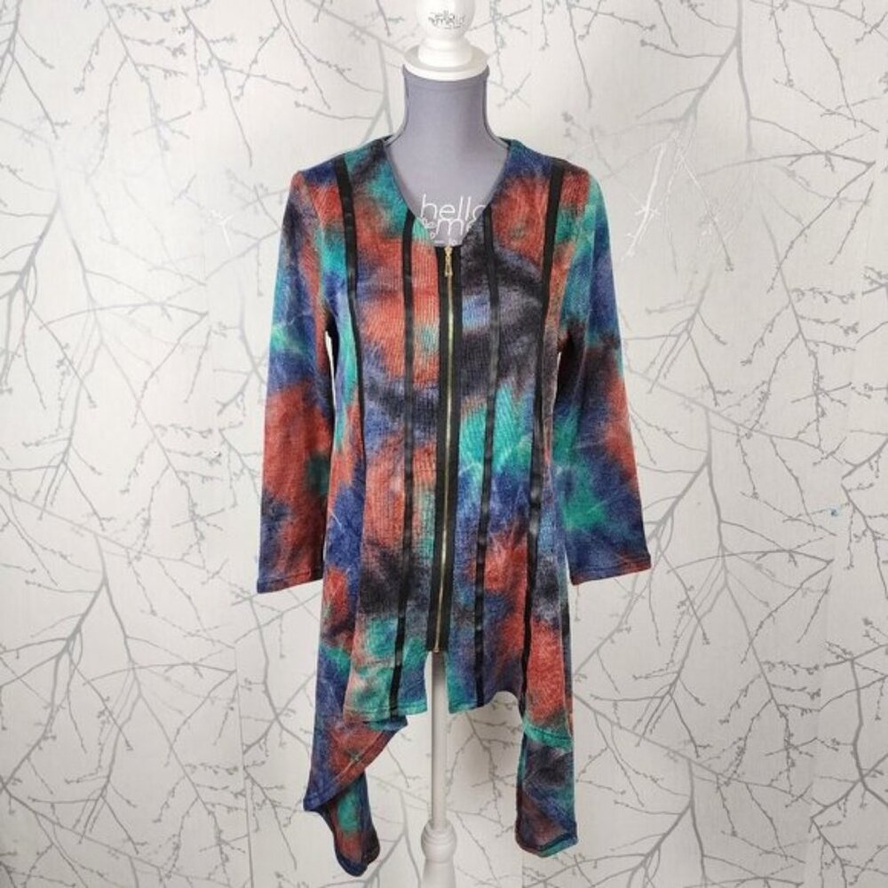 Papa Vancouver Artsy Colorful Tie Dye Knit Zip Up Handkerchief Hem Tunic